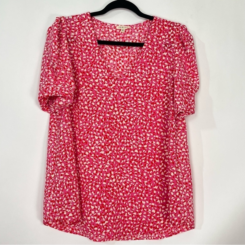 Jodifl Pink Red White Dots Puffed Short Sleeve V Neck Blouse Sz Small